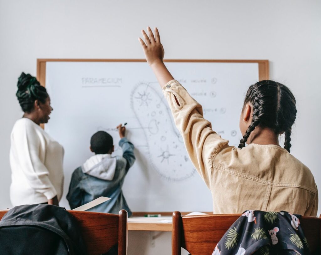 Priming social story: Kids raising their hand to teacher